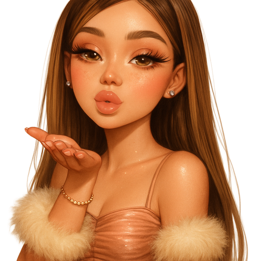 luxury glossy bratz-anime romantic aesthetic, warm cinematic glow, crisp clean detail, glossy glam skin. petite girl, warm soft-autumn tone, fair skin, honey-brown almond eyes, soft freckles, warm toasty glam makeup, glossy nude lips, flutter lashes, sweet Belle-princess vibe, long brunette honey balayage hair with visible light honey blonde highlights, very long straight silky hair tucked behind ears, angel blush and clear gloss, ruched satin dress with fur trim sleeves, tiny diamond studs and gold chain bracelet, blowing a kiss with one hand, pop-princess energy, shimmer highlight, sparkly glow