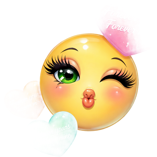 A smiley with long eyelashes, who makes kiss mouth, with hearts in all colors around, in every heart I need this text “Forever yours Forever mine” and make the Pink sparkling heart the biggest heart, colors pink, lavender, teal, mint green, bright, beautiful green eyes emoji
