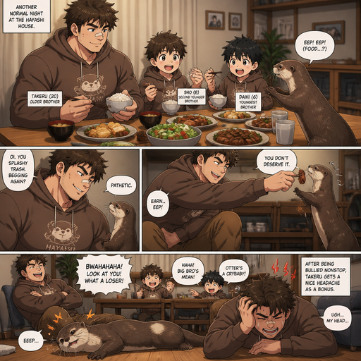 A DETAILED AND LIFELIKE ANIME Comic Book story view of a Bulky but Muscular ANIME Cute Bara Man With Peach toned skin Who looks Normal aind round facial Structure and Basic facial structure With Puffy and Big Pecs that are visible through the shirt and Biceps and Bandaid on his nose and Brown Fluffy and Strait hair. Wearing normal clothes and hoodie that matches his Family members so no one in the family got lost and With his pet Full grown and Healthy and long otter and 2 little brothers. And they at the house all eating dinner together and the otter begs for food. And the bigger brother excessively bullies him. laying on the side on the floor with a headache.