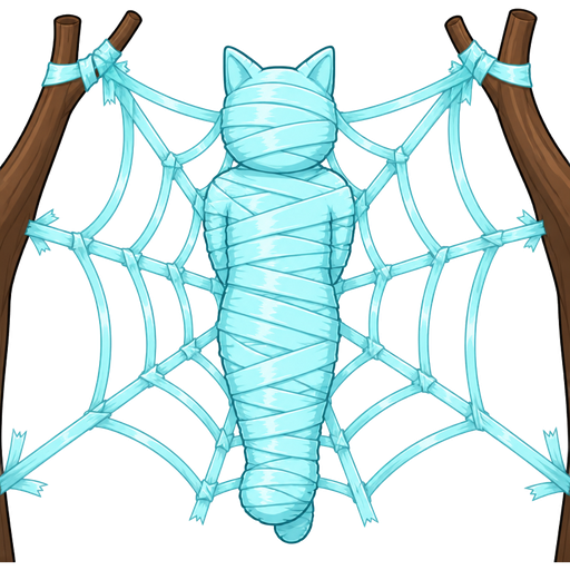#B8FFFF duct tape mummy-like-cocoon furry cat anthro entombed wrapped up and mummified fully covered in a #B8FFFF duct tape cocoon shaped like furry cat anthro with arms behind back with #B8FFFF duct tape wrappings completely covered with thick layers non-transparent #B8FFFF duct tape wrappings #B8FFFF on a giant spider web made of #B8FFFF duct tape between two branches (pet society game room decoration)