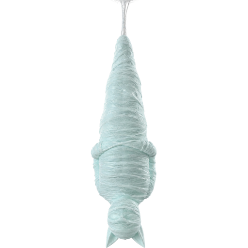 mummified fully covered in a #B8FFFF spider slik cocoon shaped like fox arms behind back with #B8FFFF spider slik wrappings completely covered with thick layers non-transparent #B8FFFF spider slik wrappings hanging upside down from the ceiling animated halloween prop