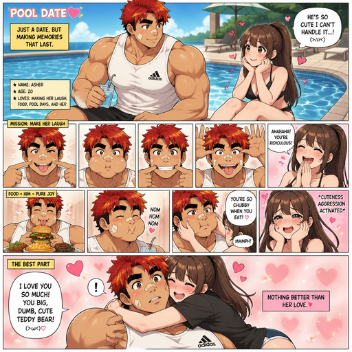 A Full page Anime Comic book story about of a masculine and Bulky ANIME Cute Bara Man American 20 year old with a ROUND and BASIC facial structure and TENAGE BARA CUTE MALE not to detailed With bigger than average Pecs that are visible through the shirt and Biceps and a big Bandaid on his nose and Left Cheek and Right Eye brow. Wearing a no piercings Baggy White Adidas Sleeveless Shirt and Shorts and Red Hair and Bright Orange Hair Tips and Strait with brown eyes and black eyebrows. At the Pool on a Romantic date and makes more funny faces just to see her laugh. They eat and he eats with puffy cheeks and she pinches his cheeks and she had CUTENESS AGGRESSION for him. And then She Hugs Him like a Teddy Bear