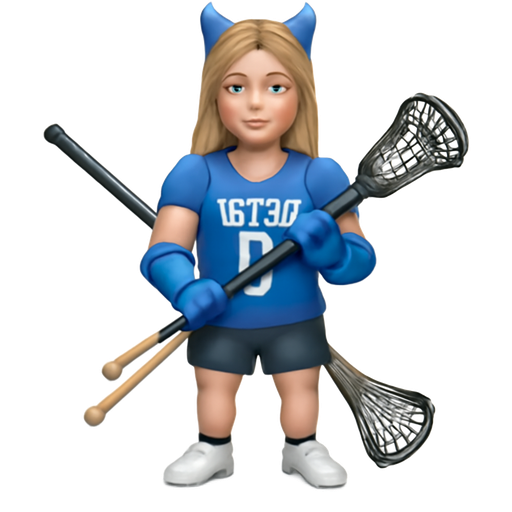 A lacrosse player who is wearing a blue jersey with the number 0 and the name on the jersey says IGLOO the girl has blonde hair and peach color skin and her lacrosse stick is black and the name on the stick is gait and she is wearing black shorts with white cleats and she has blue horns and gloves she is very pretty and realistic she wears blue armor and no goggles or helmet there is a x made out of sticks underneath her this is a circular image