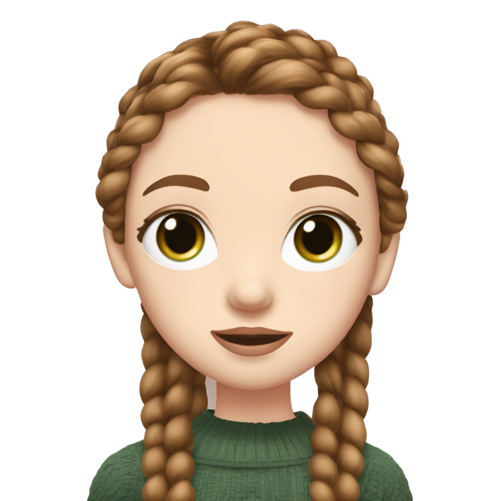 1 Woman, pale skin, light freckles, dark red long hair in two braids with wispy bangs, light brown eyebrows, dark green right eye, light green left eye, pink lips, black off shoulder top