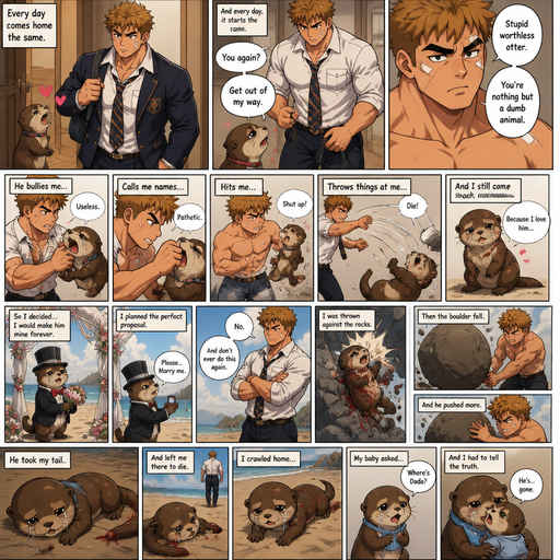 A Lifelike and Detailed Comic book story about of a Bulky and Beefy and every Muscle is bigger than average and less shredded or muscular with Chunky and Bulky chest and Biceps and his defined abs ANIME Cute Bara Man American 20 year old with a ROUND and BASIC facial structure and Young Adult BARA CUTE that is Peach Toned skin not anything else MALE not to detailed With bigger than average Pecs that are visible through the shirt and Biceps but slim and Athletic Lower body that makes have a V-Tapper Lower Body and a big Bandaid on his nose and Left Cheek and Right Eye brow with Scars all over his Chest and arms. Wearing a no piercings Wearing a baggy School Uniform and tie with Blazar and Pants and yellowish Brown Hair and Bright Light Brown fluffy Hair and Strait with brown eyes and black eyebrows with a Three finger Slash on his Eyebrow. With no Facial Hair. Coming home from School with his Pet Otter that has a Collar and has a Huge Crush on him but he doesn’t like the otter back, at his house waiting at the door and excessively Bullies it all day. And he the otter always gets disciples. And the otter one day dressed up really nice and with a top hat on creates a huge ceremony at the beach to marry him and he says no and the otter is throw at rock and a bolder falls and he pushes the rock down more and he looses his tail. And no longer has a tail he goes home and the otter’s baby asks were dada and he says gone