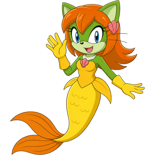 green cat anthro with yellow dress attached to long yellow mermaid tail with orange fins yellow gloves orange hair based on merna the mercat sonic x style