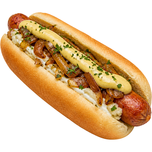 German-Style Hotdog with a Pork Frankfurter Seasoned with Garlic and Paprika, Horseradish, Carmelized Onions, Creamy Sauce and a Sauce mixed with Mayonnaise and Mustard with Parsley
