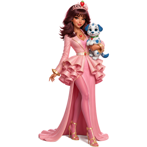 Strawberry Rose as a Princess with a Fair-Light Neutral Olive Beige Skin Tone and a Prominent Lower Lip Shape with a Shimmery Copper Glow Lipstick and the Noelle Eyelashes with a Burnt Orange Eyeshadow and Gold at the Corner of Her Eyes with a Arched Eyebrow and a Protruding Eye Shape with a Rectangular Face Shape and Maroon Ultra-Voluminous Butterfly Layered Medium-Length Hairstyle Including Bangs Wearing a Light Pink Elegant Solid Crest Shaped Tiara With a Maroon Strawberry Printed on top of it Wearing a Maroon Strawberry Necklace Wearing a Light Pink Formal Evening Long Robe Gown Dress Wearing a Pink Long Sleeve Peplum Blazer Jacket with big Circular Ruffles at the Bottom Of her Jacket and a Light Pink Lining With a Light Pink Collar with a Thin Yellow Belt Across it with Pink Tights Wearing Stiletto High-Heeled Sandals With Golden Flower Rhinestones with Yellow Lining on the Sleeves Holding Her Puppy Named Pupcake With Big Blue Spots and Blue Ears along with a Blue Tail and a Blue Nose with a Green Collar and a Luminous Glazed Complexion with a 3D Naturalistic Animation and a Mature Adult Curvy Toned Build with a Luxury Glossy and a Refined Pristine Set Up with a Theatrical Appearance