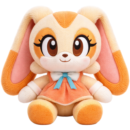 Emoji-style 3D render of a plush character inspired by Cream the Rabbit, stuffed animal plush look, ultra-soft fuzzy fabric texture, embroidered eyes, cream-and-orange plush fur, long floppy plush ears, pastel dress made of fabric, extra rounded cuddly proportions, visible stitching seams, cozy plush aesthetic, clean white background, no plastic or figurine materials.