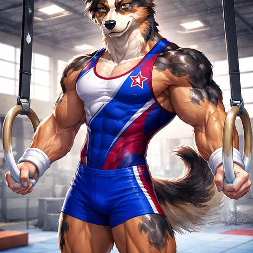 A Full Body Image of a Hunky and Chunky a Very Hot and Handsome German Shepard mixed with a Australian Shepard bara furry who is a Extremely Muscular Gymnast but not to muscular and Extremely Chiseled Body features Masculine and Handsome and Ginormous Arms and a Rounded Pecs very Short Strait Hair but tall and very lean. Wearing Gymnastics Clothes