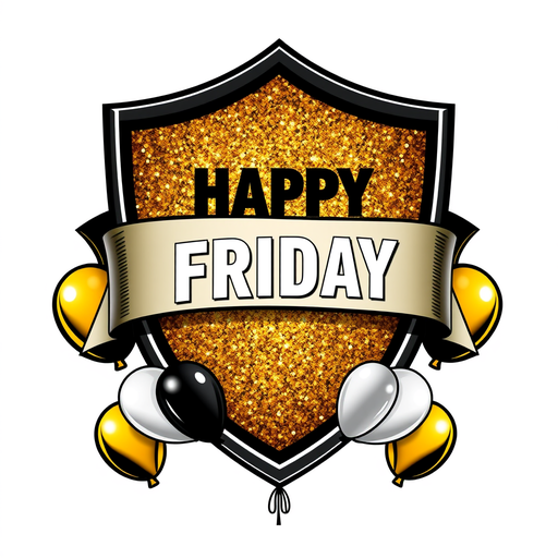 A vibrant sticker design in the style of a heraldic shield badge. The shield is filled with a dynamic, sparkling glitter texture in a tricolor pattern of rich gold, sleek black, and shining silver. Wrapped around the top of the shield is a flowing, elegant banner that boldly says "HAPPY FRIDAY" in a bold, sans-serif font. Tied to the bottom and sides of the shield are clusters of metallic balloons in gold, black, and silver. The entire design has a clean, crisp outline, a glossy finish, and a white background for a perfect sticker cutout. Trending on Behance, vector illustration, high detail