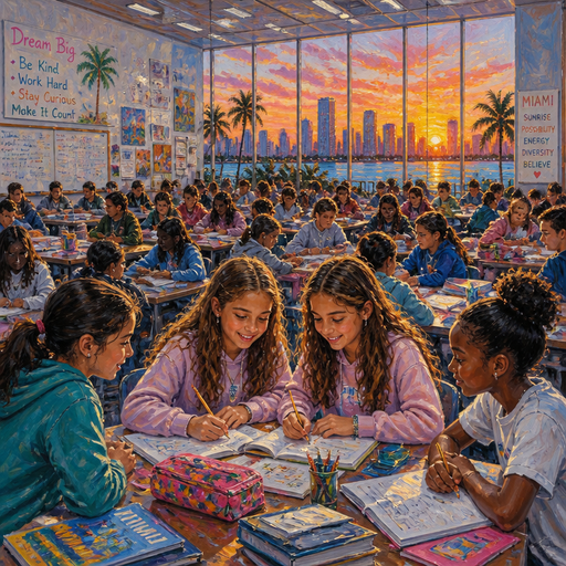 Give me 10 year-old twin daughters working in class with their friends and it is so packed in the classroom in the classroom is so so so so so so so so so big with a Miami sunrise city view