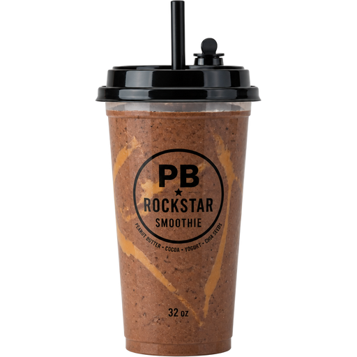 PB Rockstar Smoothie with a 32oz PP Injection Cup and a Premium Plastic PP Black Lid with an Attached Stopper including a Straw on Top of It Infused with Yogurt Blended with Peanut Butter, Cocoa Milk and Chia Seeds and It’s Chocolate With a Few Peanut Butter Streaks