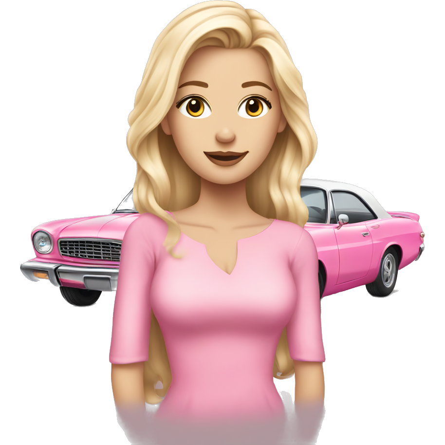 A blonde white beautiful girl with nice makeup with a pink car at the back with a nice too long hair cut wearing her pink dress