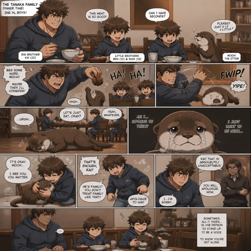 A DETAILED AND LIFELIKE ANIME Comic Book story view of a Bulky but Muscular ANIME Cute Bara Man With Peach toned skin Who looks Normal aind round facial Structure and Basic facial structure With Puffy and Big Pecs that are visible through the shirt and Biceps and Bandaid on his nose and Brown Fluffy and Strait hair. Wearing normal clothes and hoodie that matches his Family members so no one in the family got lost and With his pet Full grown and Healthy and long otter and 2 little brothers. And they at the house all eating dinner together and the otter begs for food. And the bigger brother excessively bullies the otter. And the otter laying his side on the floor with a headache. And everyone neglects the otter and the otter doesn’t feel seen and he cries. And the otter Is comforted by his twin and his twin Goes and stands up for him and his twin is disciplined