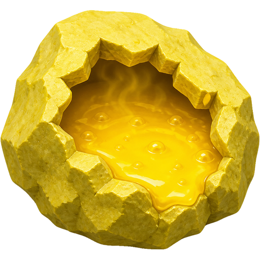A chunk of rock/solidified sulfur with a hole broken in to it, revealing a large amount of dangerous liquid sulfur inside