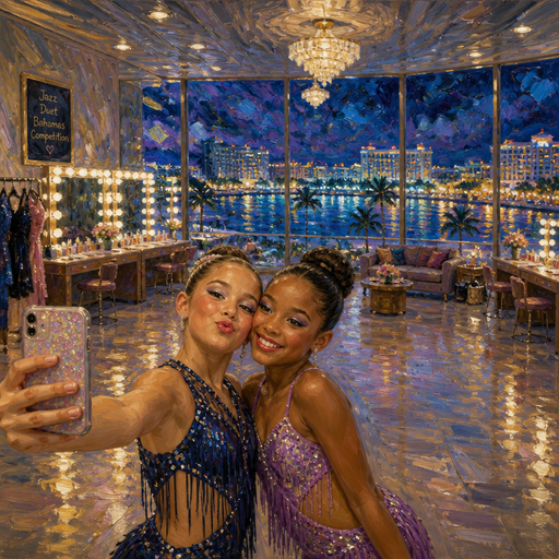 give me a 10 year-old daughter taking a selfie with her friend that did a duet with her that was jazz and they are in the dressing room and it’s so so so so so big with the Bahamas city night view