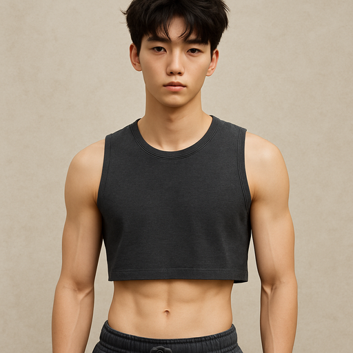 Korean boy with thin eyebrows and fluffy hair skinny has muscles has abs as trendy style, like all the other boys and dark brown eyes and tall and where’s a set