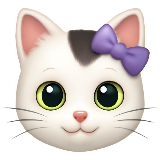 Un gatito Bebe de color blanco y un poco de negro en la cabeza y con los ojos verdes amarillentos y un lazo morado en la Oreja y el gatito muy cute