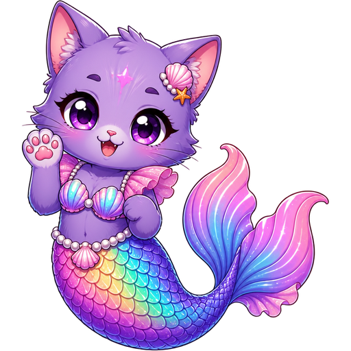 A stylized purple kitten A vibrant, multi-colored scale mermaid tail paired with a matching top, a pearl waistline, and pink frilled shoulder pads.
