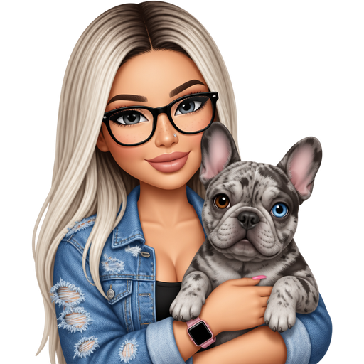 35 year old baddie with thin face with long icy ash blonde hair parted in the middle with dark brown hair gray colored almond shaped eyes with dark black glasses wearing a blue distressed denim jacket black top and nose stud and freckles across the nose and pink nails light skin and pink apple watch holding gray merle french bulldog with one blue eye and one brown eye