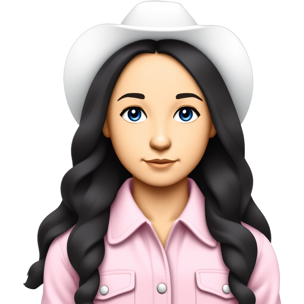 A girl with long wavy black hair, oval face shape, blue eyes, sand skin tone, light pink flannel shirt, with a white cowboy hat on