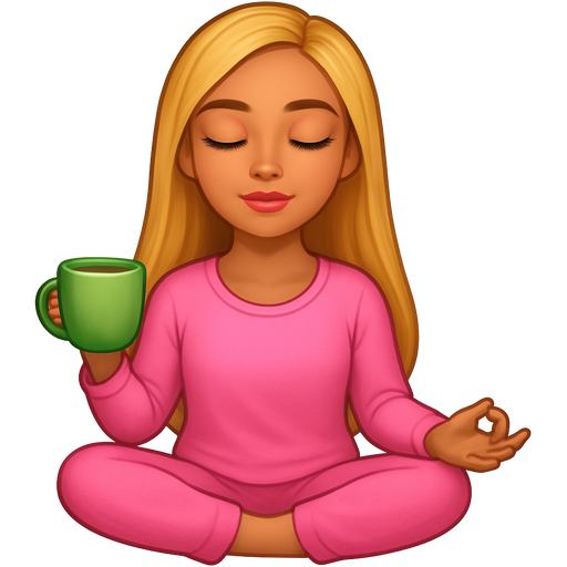 A beautiful tanned blonde girl with long hair in lotus pose, is holding green tea closing her eyes wearing a pink colored pajamas and