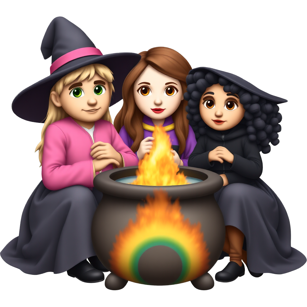 three witches around a rainbow flame in a cauldron, one is a man with strawberry blonde hair wearing pink with green eyes, one is a pale girl with brown eyes and brown long hair wearing purple, one is a tan girl with black curly hair wearing black