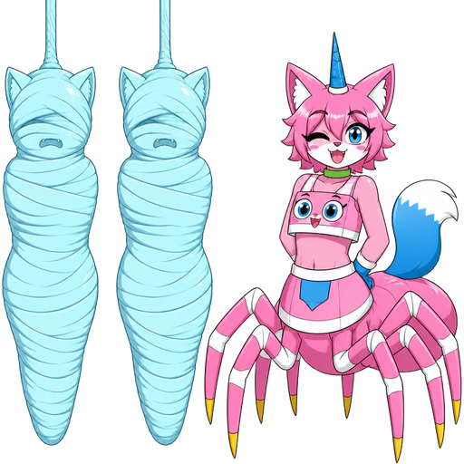 wrapped up and mummified fully covered in a #B8FFFF spider slik cocoon shaped like anthro cat girl anthro whimper arms behind back with #B8FFFF spider slik wrappings completely covered with thick layers non-transparent #B8FFFF spider slik wrappings hanged to the ceiling on the left side next to wrapped up and mummified fully covered in a #B8FFFF spider slik cocoon shaped like anthro cat girl anthro whimper arms behind back with #B8FFFF spider slik wrappings completely covered with thick layers non-transparent #B8FFFF spider slik wrappings hanged to the ceiling the left side next to happy anthro femboy pink cat drider with blue and white tail white wrists blue hands white ankles yellow tips on spider legs green collar blue unicorn horn wearing femboy clothing based on unikitty