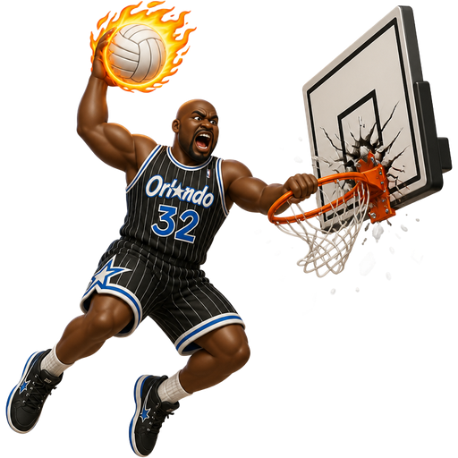 Orlando Magic Shaq O’Neal dunking a flaming basketball, ripping the rim off the backboard full body action shot