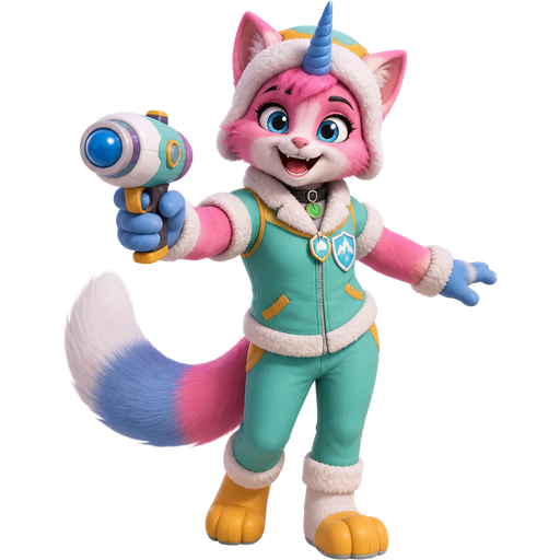 happy femboy anthro furry pink cat with blue and white tail white wrists blue hands white ankles yellow feet green collar blue unicorn horn based on unikitty wearing everest's hat and clothing holding a freeze ray gun toy version