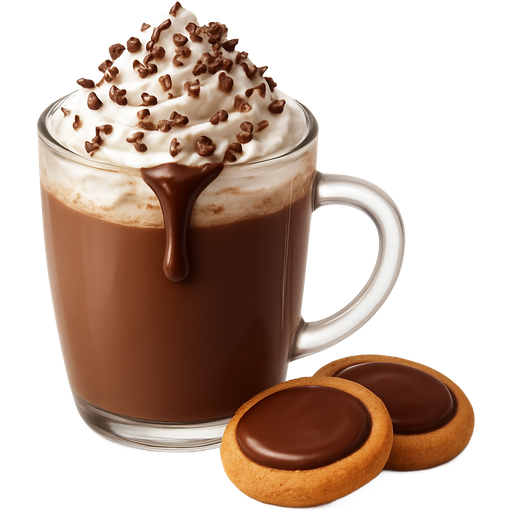 Cioccolata calda con sopra la panna Montata e tantissimi piccoli riccioli di cioccolato e una colata di Nutella con di fianco dei biscottini con sopra il cioccolato