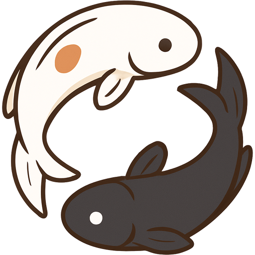 Create a minimalist emoji-style illustration of two koi fish, one white and one black, swimming in a yin-yang formation. Clean lines, soft curves, simple shapes, balanced symmetry, and a calm, elegant aesthetic. Transparent or light background.