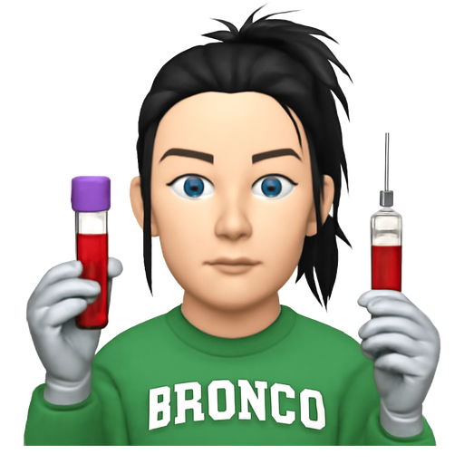A woman with white skin, thin high arched eyebrows, with a nose ring, long black hair pulled straight back into a messy top ponytail, wearing light gray latex gloves, wearing a green ford bronco sweatshirt, very pale blue eyes, holding a purple top tube of blood and a string half full of blood