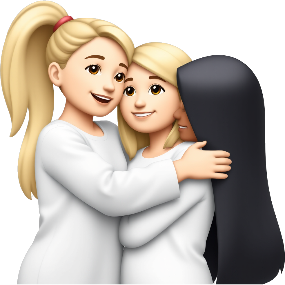 a blonde girl with straight hair hugging a black-haired girl with straight hair sideways iPhone emoji style