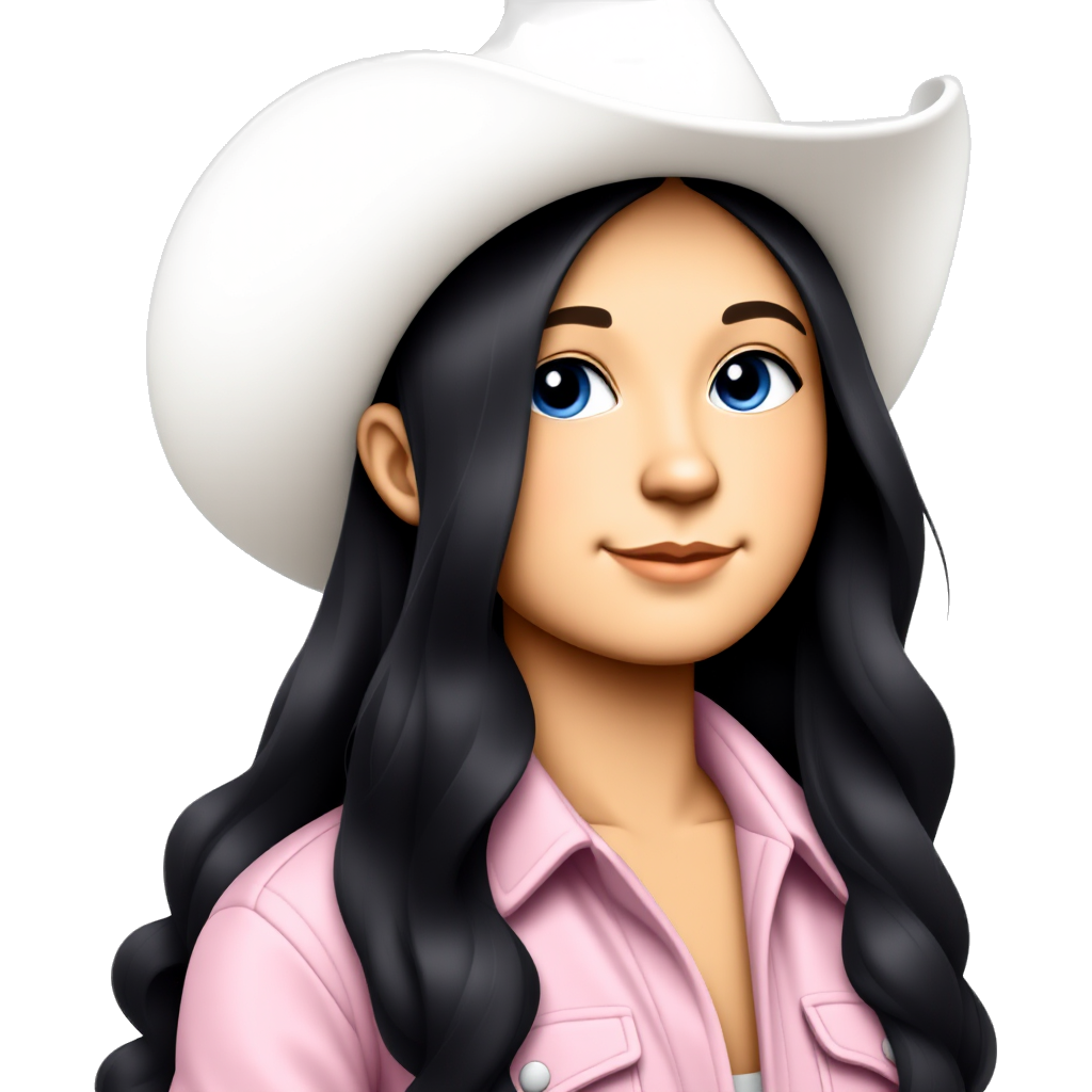 A girl with long wavy black hair, oval face shape, blue eyes, sand skin tone, light pink flannel shirt, with a white cowboy hat on