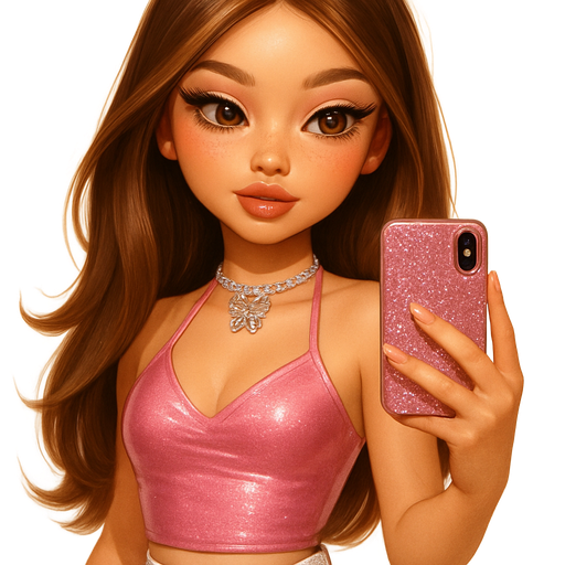 luxury glossy bratz-anime romantic aesthetic, warm cinematic glow, crisp clean detail, glossy glam skin. petite girl, warm soft-autumn tone, fair skin, honey-brown almond eyes, soft freckles, warm toasty glam makeup, glossy nude lips, flutter lashes, sweet Belle-princess vibe, long brunette honey balayage hair with visible light honey blonde highlights, Chrome pink halter top with low-rise white cargos, glossy straight hair flipped out at the ends, frosted pink lips and silver shimmer lids, rhinestone butterfly choker, posing with a glitter phone case, pop-princess energy, shimmer highlight, sparkly glow