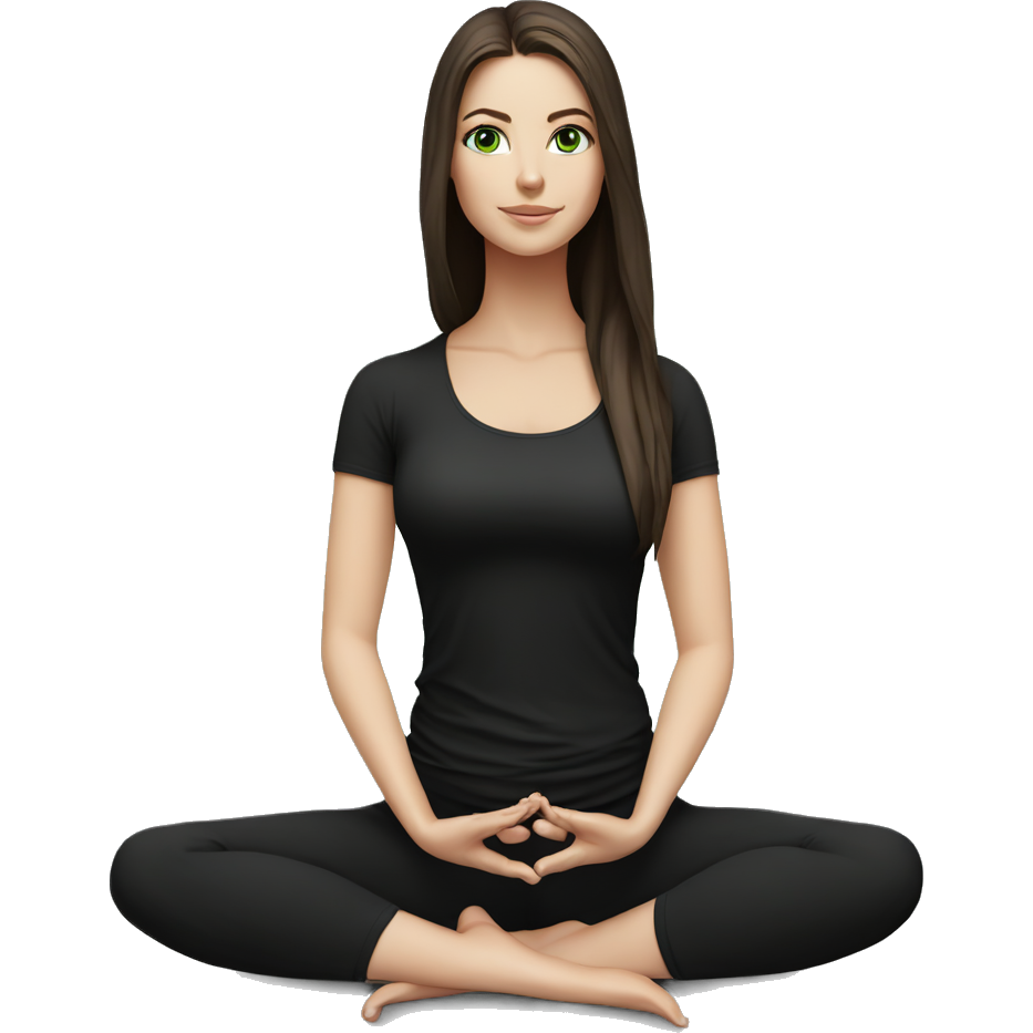 Beautiful white girl with perfect dark brown long hair and green eyes sitting in yoga pose with black outfit (black short sleeve top)