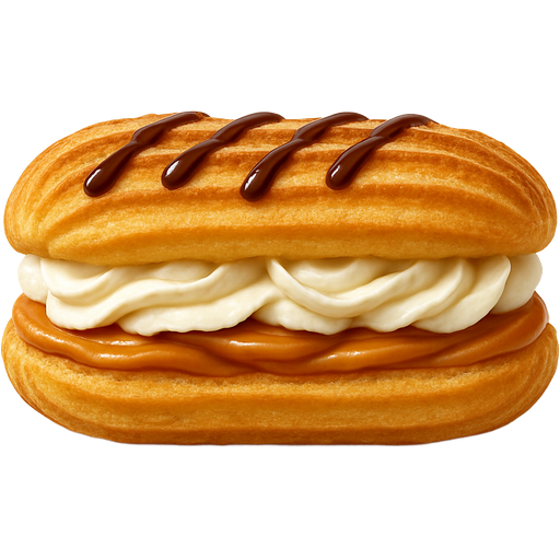 realistic bakery style long light golden choux pastry sandwich, both top and bottom piped with large ridges, filled with caramel whipped cream and whipped cream, topped with chocolate drizzle