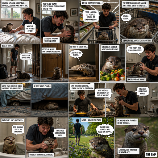 A Long COMIC BOOK story Waking up in the morning on a Sunny day and no cin pajamas and his pet otter but Excessively bully’s the otter. in the grocery store and the Otter coughs up Saliva and takes a nap in the cart and gets dehydrated and sweaty. But They go to the house and makes the otter go to his room and bullies him and the otter tries to sneak out of his room and secretly nibbles on some vegetables he bought so he Excessively disciplines him. Then later the otter sleeps and hides under his bed and the otter gets punished while he is cooking. And during bath cause he is getting bullied and he responds by getting flowers from the park from there walk in his throat