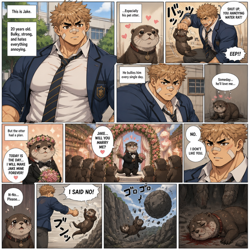 A Lifelike and Detailed Anime Comic book story about of a Bulky and Beefy and every Muscle is bigger than average and less shredded or muscular with Chunky and Bulky chest and Biceps and his defined abs ANIME Cute Bara Man American 20 year old with a ROUND and BASIC facial structure and Young Adult BARA CUTE that is Peach Toned skin not anything else MALE not to detailed With bigger than average Pecs that are visible through the shirt and Biceps but slim and Athletic Lower body that makes have a V-Tapper Lower Body and a big Bandaid on his nose and Left Cheek and Right Eye brow with Scars all over his Chest and arms. Wearing a no piercings Wearing a baggy School Uniform and tie with Blazar and Pants and yellowish Brown Hair and Bright Light Brown fluffy Hair and Strait with brown eyes and black eyebrows with a Three finger Slash on his Eyebrow. With no Facial Hair.His Pet Otter that he excessively bullies that has a Collar and has a Huge Crush on him but he doesn’t like the otter back. And the otter one day dressed up and creates a huge ceremony marry him and he says no and the otter is throw at rock and a bolder falls and he looses.