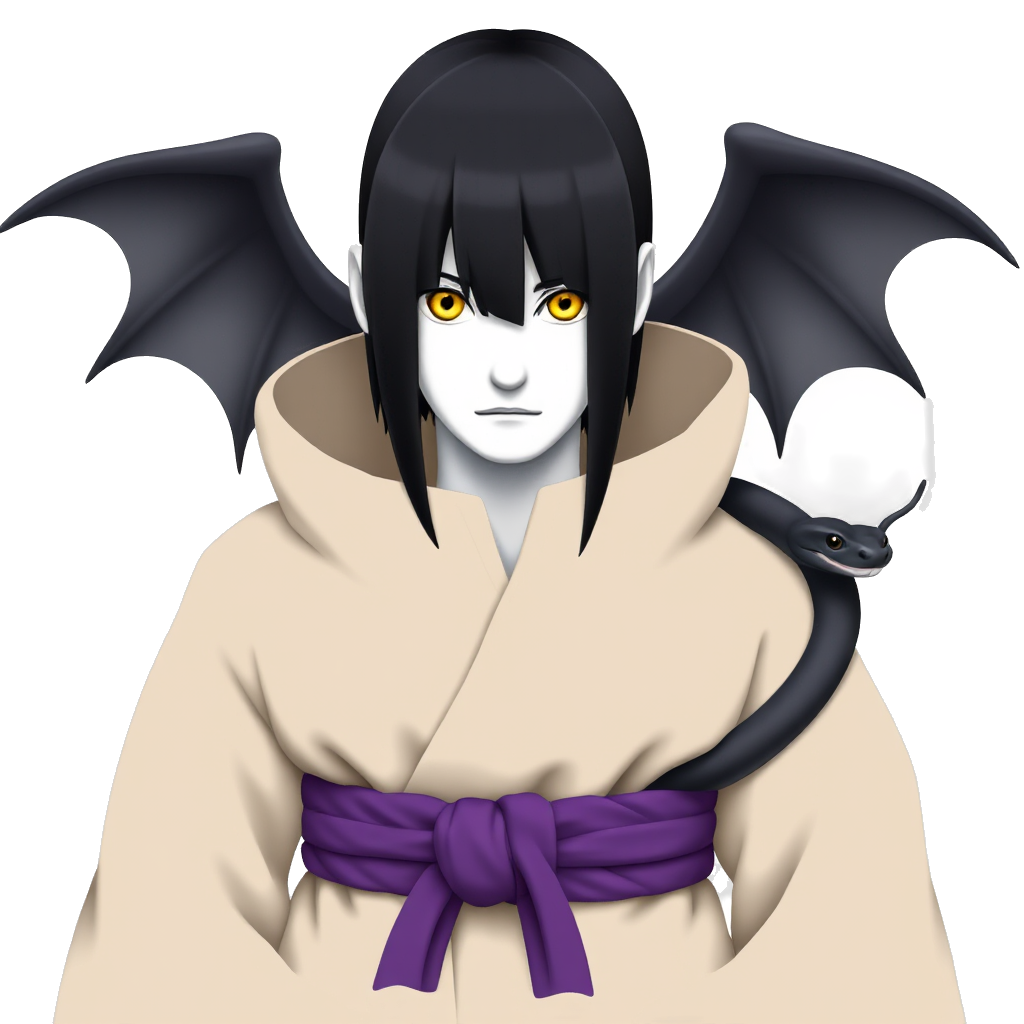 no wings!!!! no bangs, complete the robe. yellow eyes. purple triangles under eyes, hair down. no wings, yellow eyes. orochimaru is an evil ninja with white skin and long light purple triangles under his eyes. he has long pin straight black hair and yellow snakelike pupils. he is seen wearing a tan robe with a purple braided belt tied in a bow. there is usually a dark snake with him.