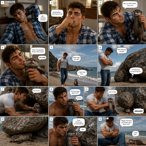 Anime Comic book story that’s a detailed Picture by Picture about of a Bulky ANIME Cute Bara Man American 20 year old with a ROUND and BASIC facial structure and Young Adult BARA CUTE that is Peach Toned skin not anything else MALE not to detailed With bigger than average Pecs that are visible through the shirt and Biceps and a big Bandaid on his nose and Left Cheek and Right Eye brow with Scars all over his Chest and arms. Wearing a white shirt that is tight around the waist and Jeans drenched in sweat and Short and Brown strait Fluffy Hair and Strait with brown eyes and black eyebrows with a Three finger Slash on his Eyebrow. With no Facial Hair. Waking up in the morning in pajamas and his pet baby Unathletic otter but Excessively bully’s it by holding his collar around his neck. And then they go to the beach and try’s to hide under the rock and he finds the otter and then looses his tail from a boulder Excessively bully’s him more
