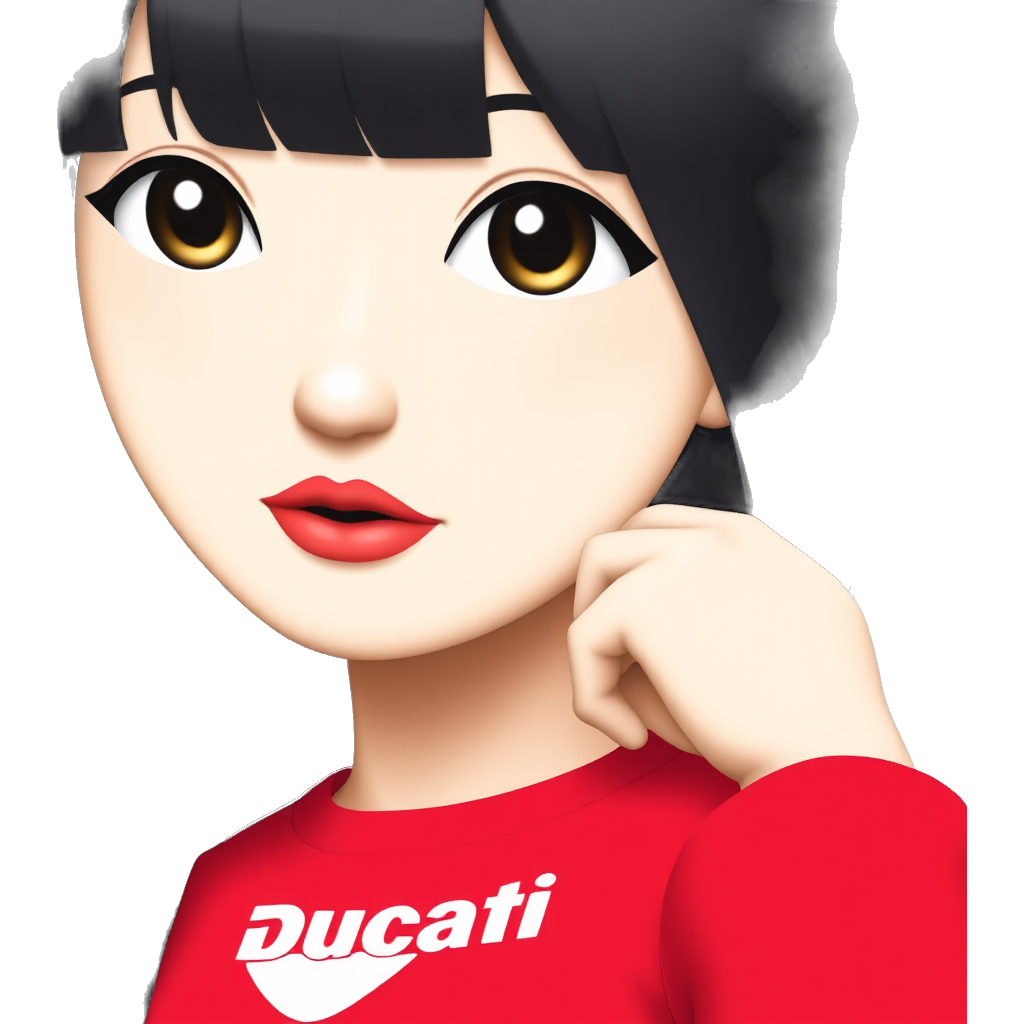 It is a asian girl. Her hair is long black,straight. She also has bangs. She has sakura colored lips, which is glossy. Her eyelashes are long. She wears red long sleeve tee which has 'ducati' sign on it.