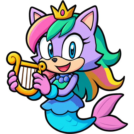 sonic x style version light purple anthro cat smiling with pink and green and yellow hair blue green eyes golden crown with light purple necklace light cyan braclets cyan and blue dress with pink skirt attached to long cyan mermaid tail with pink tail fins pink and cyan gloves holding a golden harp from sonic x style version emoji, artistic style