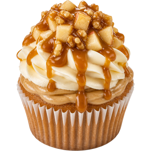 Caramel Apple Cupcake with Cinnamon Caramel Cream Cheese Frosting at the Bottom and Vanilla Buttercream Frosting at the Top of the Cupcake along with Walnuts, Apple Chunks and Caramel Drizzled on Top