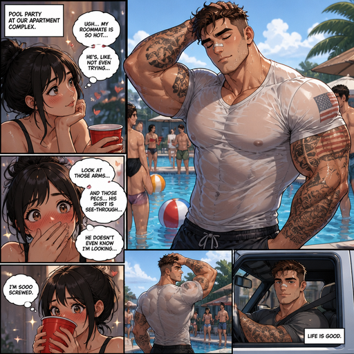 An Anime comic book of a Bulky and big and Hunky but still has the perfect physique and Huge Biceps but Muscular and more Muscle than Fat ANIME Cute Bara Man Who looks Normal and American with a round facial Structure and Basic facial structure With Puffy and Big Pecs that are visible through the shirt and Biceps and Bandaid on his nose. his roommate finds Hot him Cute. And He’s at a Pool with Tattoos on his arms and stretches and Drives his hand through his hair. And Doesn’t notice her looking at him at a Pool party