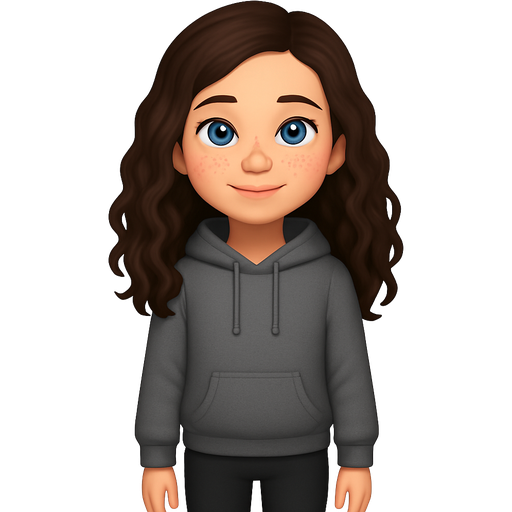 A 11 year old girl who has long, dark brown and curly hair. She has light skin and is wearing a hoodie and leggings. She has blushed cheeked and freckles. She has blue eyes an her hair is straight but slightly curly she is quite slim