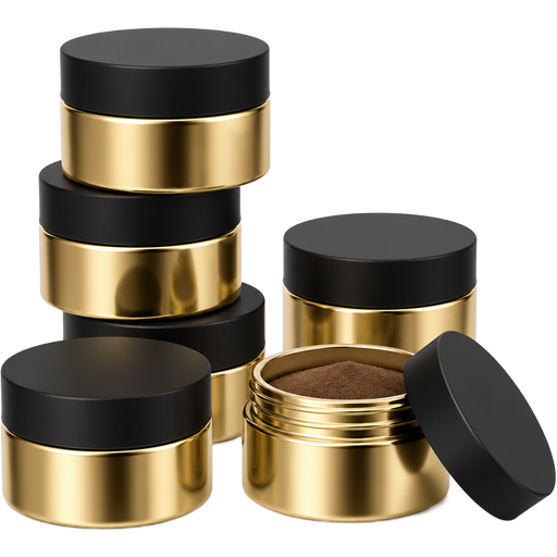 High-end graphic style illustration of luxury brow henna powder pots, small cylindrical containers with fully metallic polished gold bodies and refined smooth finish, each topped with a sleek matte black lid, cohesive set of multiple pots arranged neatly with elegant spacing, clean minimal design with premium cosmetic aesthetic, subtle label-free surfaces for a modern luxury look, simplified yet polished form with subtle realism, smooth gradient shading to create soft dimensional depth, gentle reflective highlights on gold surfaces for a premium luxe shine, crisp clean edges with refined softness, modern high-end beauty branding aesthetic, semi-realistic vector-like rendering with light photoreal influence, cohesive black and gold palette with soft contrast from lids, soft diffused studio lighting effect enhancing metallic warmth and product clarity, high resolution, premium cosmetic illustration style
