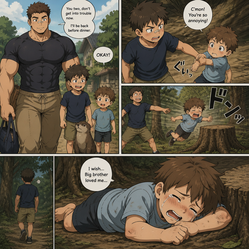 A DETAILED AND LIFELIKE ANIME Comic Book STORY of a Bulky but Muscular ANIME Cute Bara Man With Peach toned skin Who looks Normal aind round facial Structure and Basic facial structure With Puffy and Big Pecs that are visible through the shirt and Biceps and Bandaid on his nose and Brown short hair that makes them look tough. Wearing normal With his pet Grown and healthy realistic otter and 2 little brothers that are in different ages but young. And the oldest drags the youngest’s is outside by his arm and flies hard to a tree stump and lays there crying. And wishes the oldest loved him.